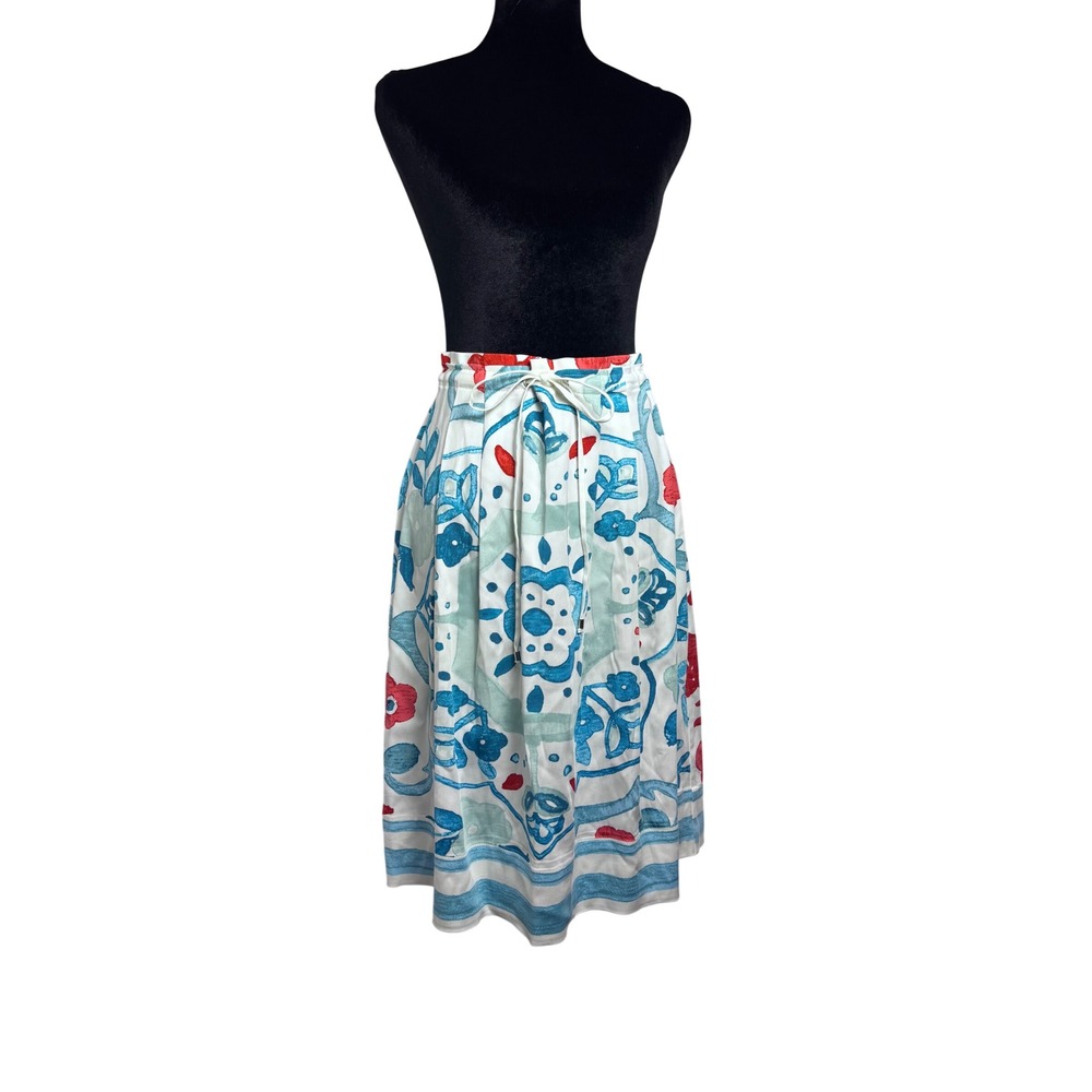 Loft Midi Skirt Womens 2 White Blue Floral Tile Print NWT Cotton Pleated
